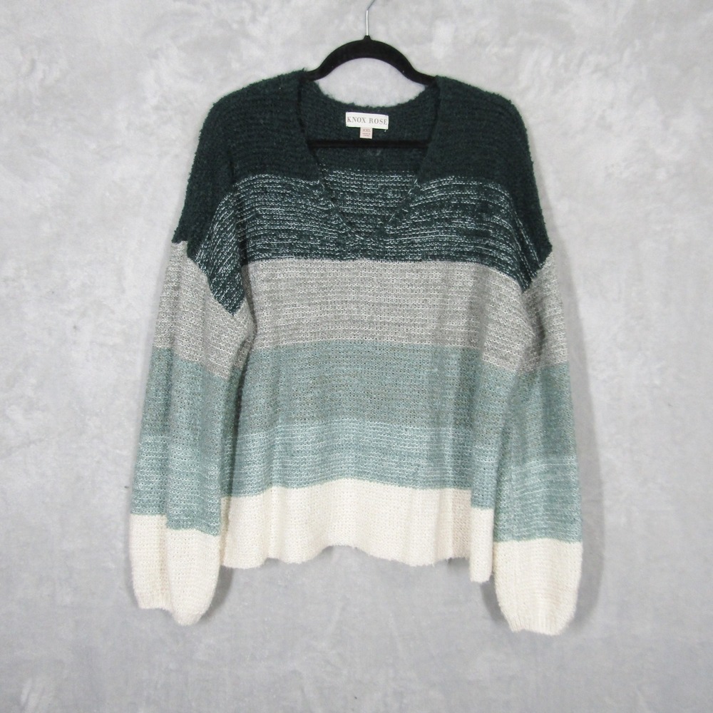 Knox Rose Womens XXL Green Gray Striped V-Neck Textured Knit Pullover Sweater